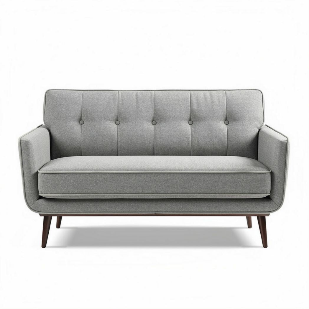 Grijze stoffen bank met houten poten en afmetingen 180 x 80 x 90 cm