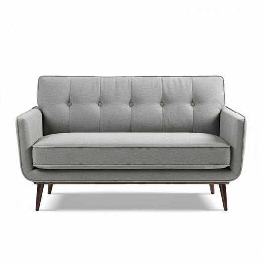 Grijze stoffen bank met houten poten en afmetingen 180 x 80 x 90 cm