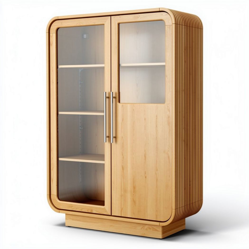 Houten vitrinekast met glazen deuren en zes planken 90 x 45 x 130cm