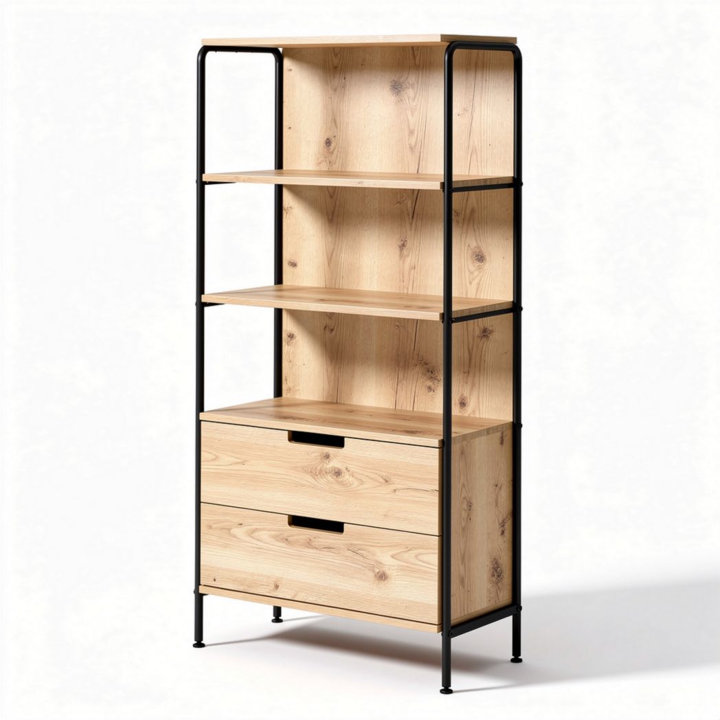 Open kast met 4 planken en 2 lades van hout en metaal 80 x 30 x 180cm