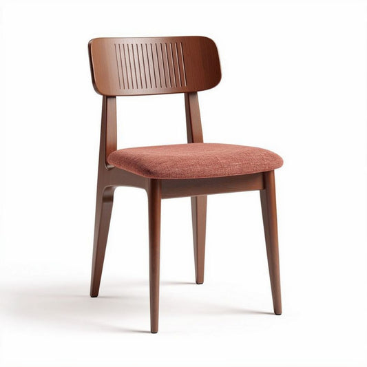 Houten eetstoel met rode stofzitting en ribbelrugleuning 45 x 45 x 85cm