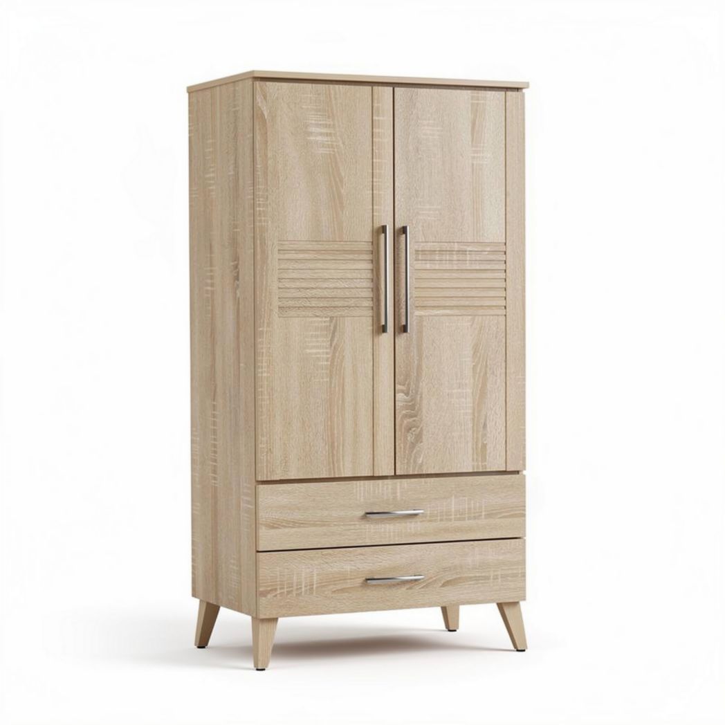 Kast van hout met 2 deuren en 2 lades formaat 180 x 90 x 45cm in lichtbeige