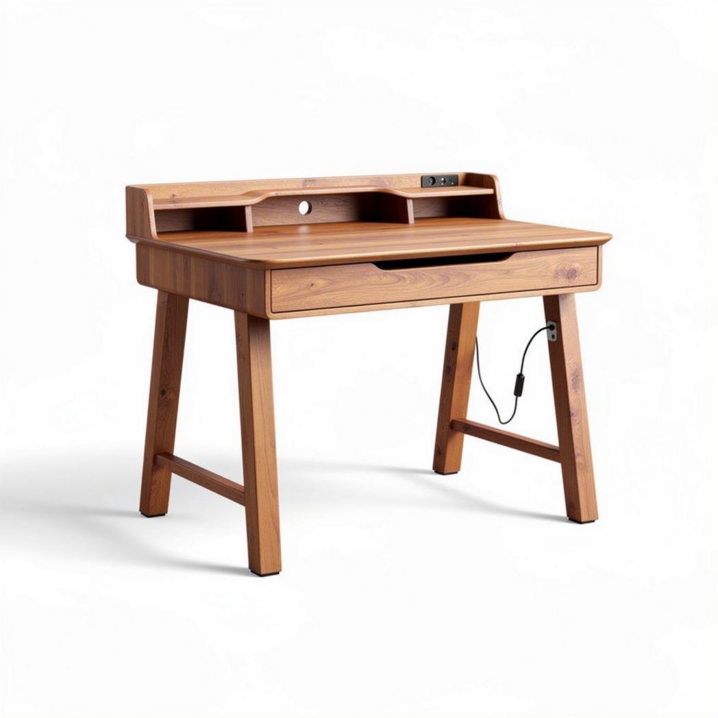 Houten bureau met lade en kabelbeheer 120 x 60 x 75 cm naturel bruin