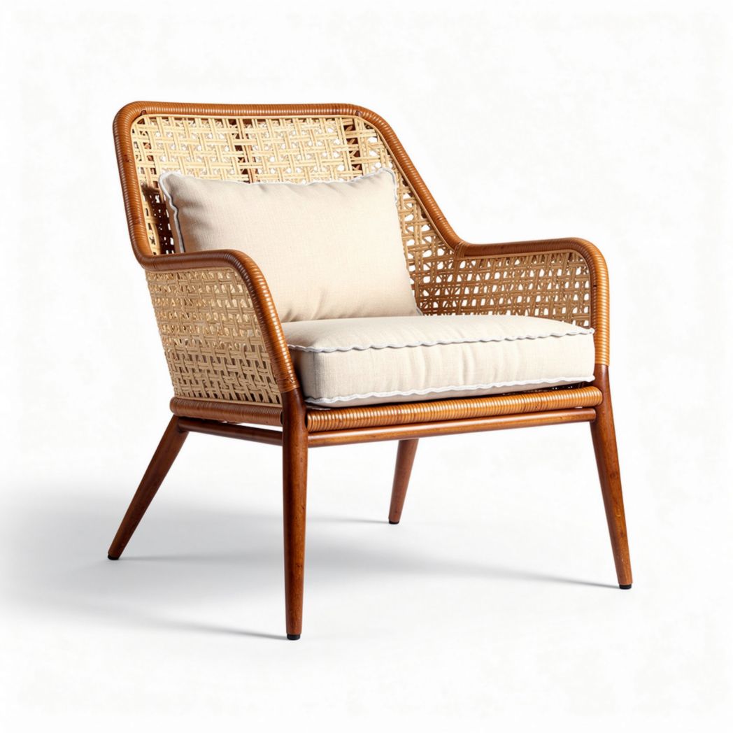 Rieten fauteuil met zitkussen in bruine houtkleur 80 x 75 x 85cm
