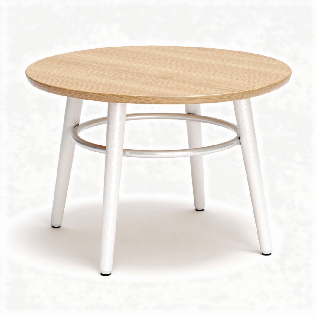 Houten salontafel met ronde bovenkant en witte metalen poten 80 x 80 x 45cm