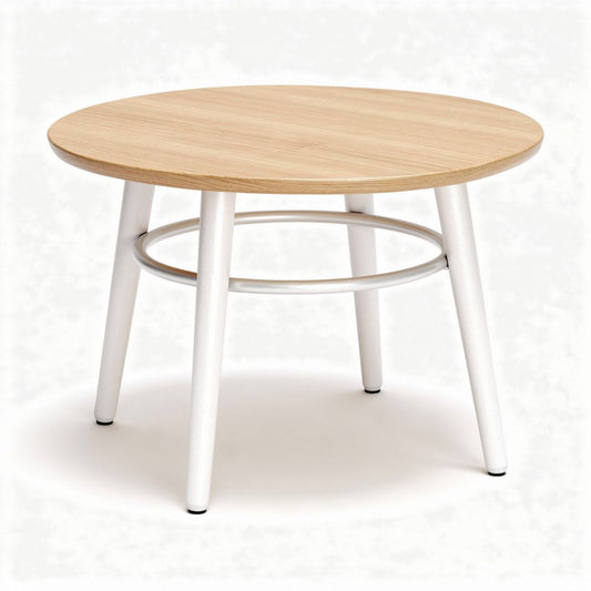 Houten salontafel met ronde bovenkant en witte metalen poten 80 x 80 x 45cm